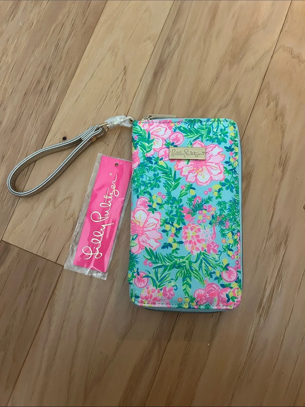 Lilly Pulitzer Aqua Floral Zip Wristlet Wallet with Pink Flowers